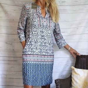 Tommy Bahama Navy Blue White & Coral Printed Shift Dress
